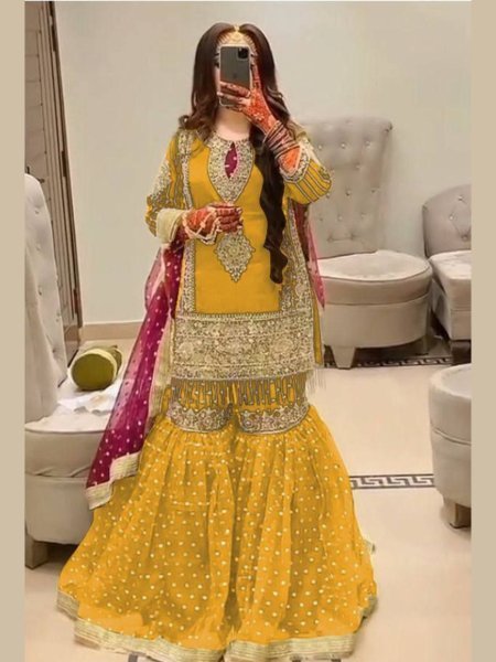 Yellow Georgette Sharara Pakistani Style Embroidered Elegance Salwar Kameez