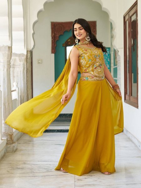 Haldi Special Yellow Georgette Palazzo Set with Embroidered Blouse Celebration Ready