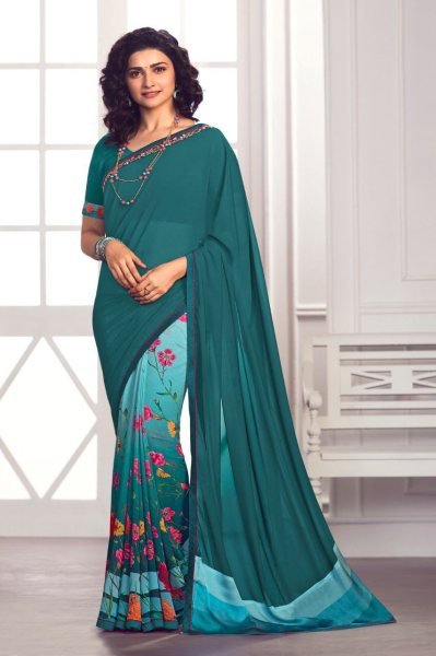 Half and Half Floral Print Georgette Saree for Women Contrast Border with Plain Blouse Summer Special Daily Wear at Low Price Georgette Sarees Wholesale