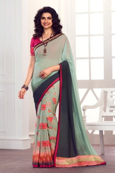 Half and Half Floral Print Georgette Saree for Women Contrast Border with Plain Blouse Summer Special Daily Wear at Low Price Georgette Sarees Wholesale