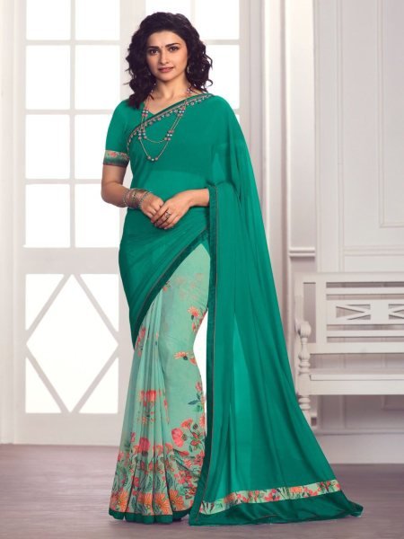 Half and Half Floral Print Georgette Saree for Women Contrast Border with Plain Blouse Summer Special Daily Wear at Low Price Georgette Sarees Wholesale
