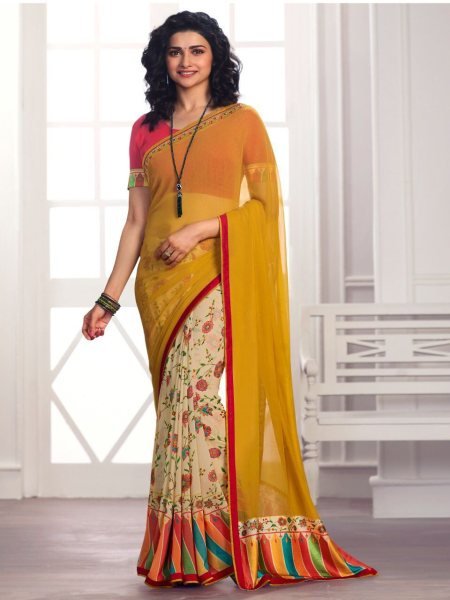 Half and Half Floral Print Georgette Saree for Women Contrast Border with Plain Blouse Summer Special Daily Wear at Low Price Georgette Sarees Wholesale
