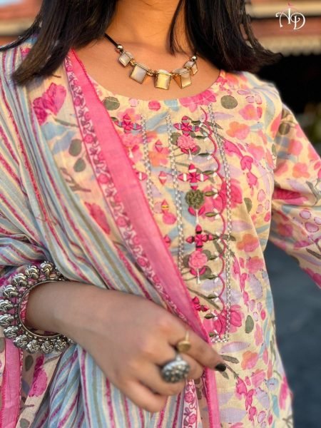 Hand Embroidery   Mirror Work Cotton Kurti Pant Set  3 Piece Kurti Set