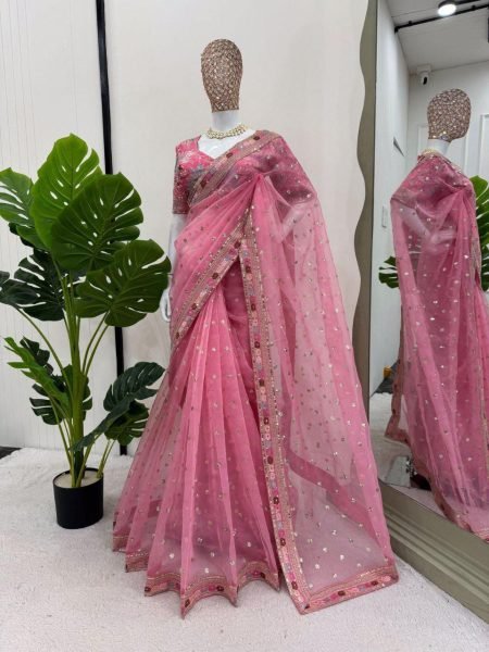 elegant handcrafted organza saree with floral sequin detailing festive pick in multiple color options Organza Sarees Wholesale