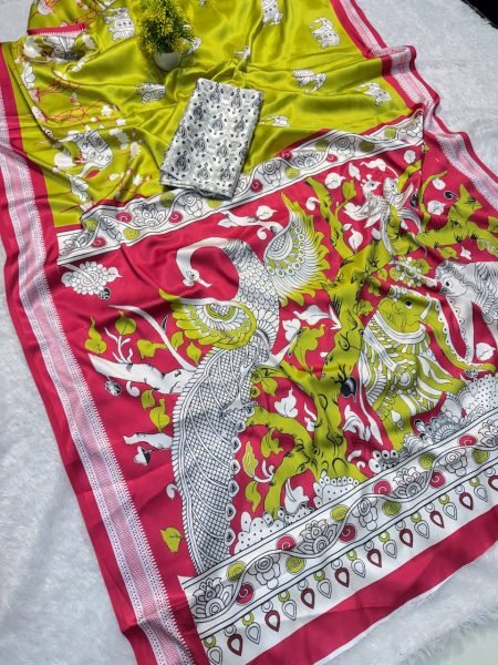 handcrafted print satin saree in mustard green shades best for resellers Printed Cotton Sarees Wholesale