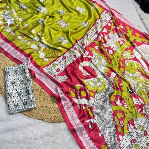 handcrafted print satin saree in mustard green shades best for resellers Printed Cotton Sarees Wholesale