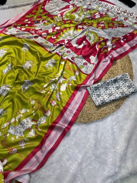 handcrafted print satin saree in mustard green shades best for resellers Printed Cotton Sarees Wholesale