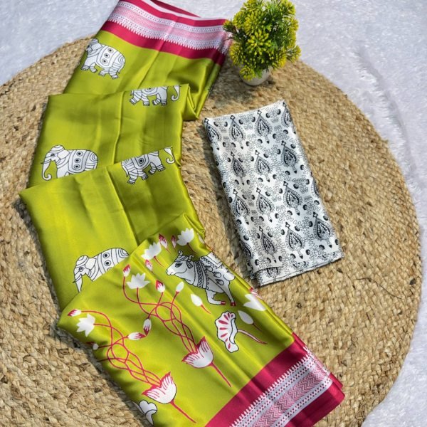 handcrafted print satin saree in mustard green shades best for resellers Printed Cotton Sarees Wholesale