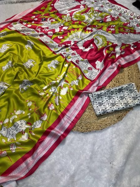 handcrafted print satin saree in mustard green shades best for resellers Printed Cotton Sarees Wholesale