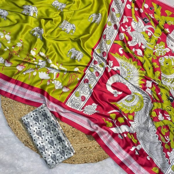 handcrafted print satin saree in mustard green shades best for resellers Printed Cotton Sarees Wholesale