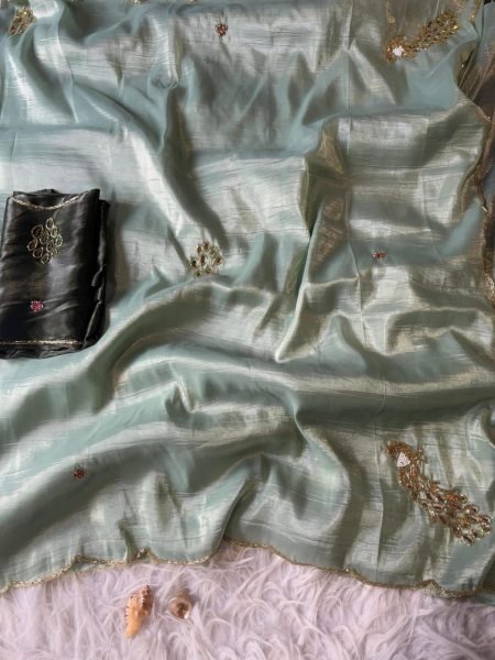 Handworked Crush Gold Grush Stones Mirror Work Party Wear Saree Silk Sarees Wholesale