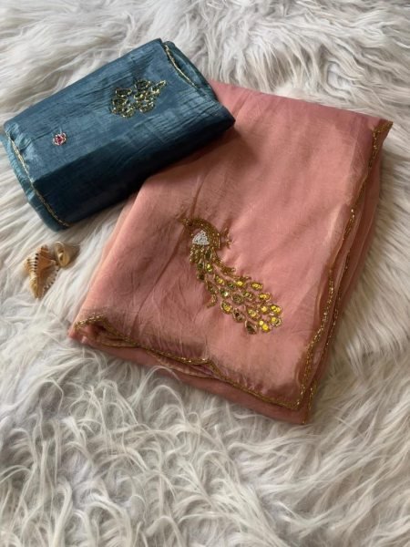 Handworked Crush Gold Grush Stones Mirror Work Party Wear Saree Silk Sarees Wholesale
