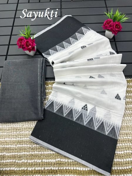 Handwoven White   Black Mercerised Cotton Saree Handloom Mercerised Finish Cotton Sarees Wholesale