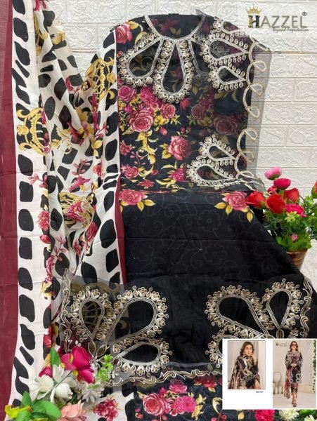 Hazzel Floral Cotton Suit with Heavy Embroidery and Matching Dupatta At Wholesale Price Pakistani Suits Wholesale