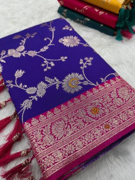 Heavy Banarasi Silk Saree with Meenakari Weaving & Contrast Blouse Banarasi Saree Wholesale