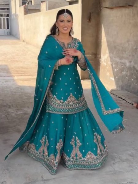 Heavy Chinnon Embroidered Designer Ladies Sharara Suit Ready To Wear Collection 