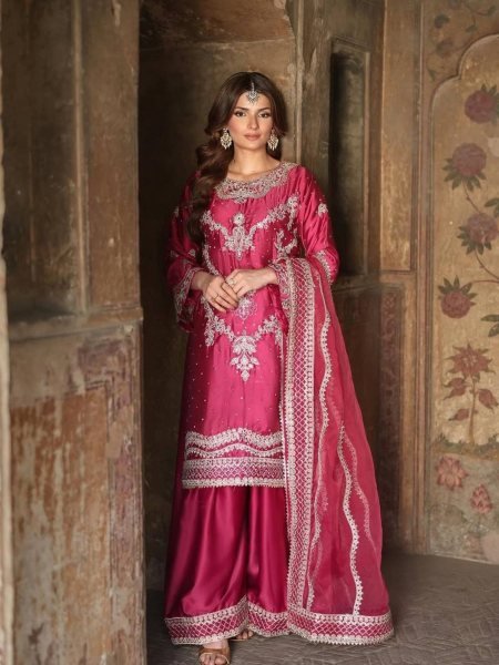 Trendy Designer Look Heavy Chinnon Silk With Embroidery Sequence Work Sharara Suit  
