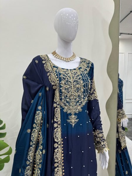 Heavy Chinon Designer Suit with Sharara and Net Dupatta Pearl  Sequins  and Coding Embroidery Work Ready To Wear Collection