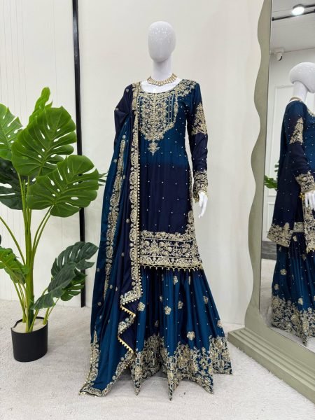 Heavy Chinon Designer Suit with Sharara and Net Dupatta Pearl  Sequins  and Coding Embroidery Work Ready To Wear Collection