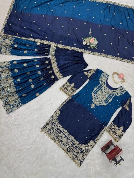 Heavy Chinon Designer Suit with Sharara and Net Dupatta Pearl  Sequins  and Coding Embroidery Work Ready To Wear Collection
