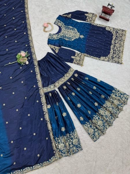 Heavy Chinon Designer Suit with Sharara and Net Dupatta Pearl  Sequins  and Coding Embroidery Work Ready To Wear Collection