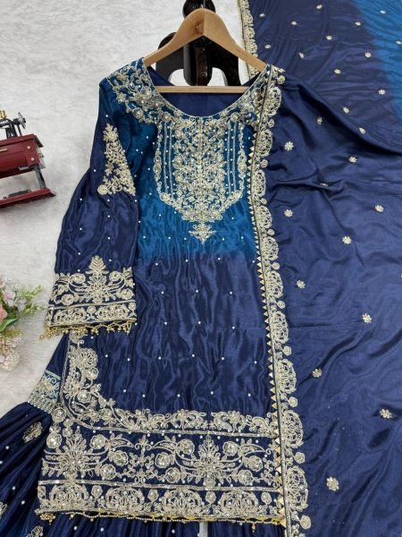Heavy Chinon Designer Suit with Sharara and Net Dupatta Pearl  Sequins  and Coding Embroidery Work Ready To Wear Collection