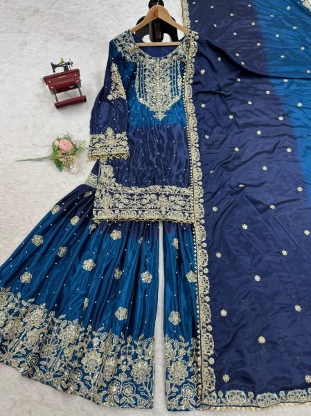 Heavy Chinon Designer Suit with Sharara and Net Dupatta Pearl  Sequins  and Coding Embroidery Work Ready To Wear Collection