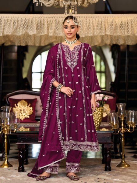 Heavy Chinon Luxury Wear Designer Embroidered Set with Top Dupatta Pant for Festive Glamour 