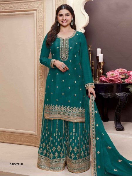 Heavy Chinon Santoon Silk Set Sequined Embroidered Tunic Matching Bottom Dupatta Semi Stitched 