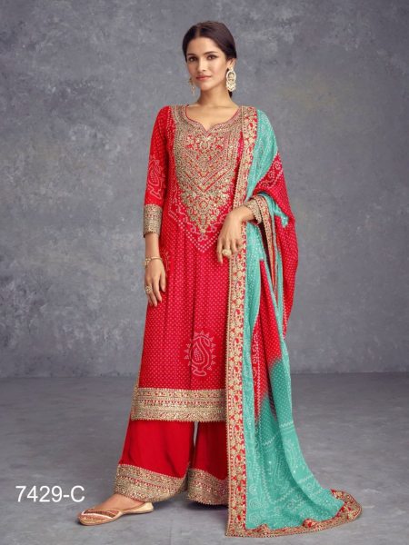 Heavy Chinon Silk Embroidery Work Plazzo Suits Collection  Salwar Kameez