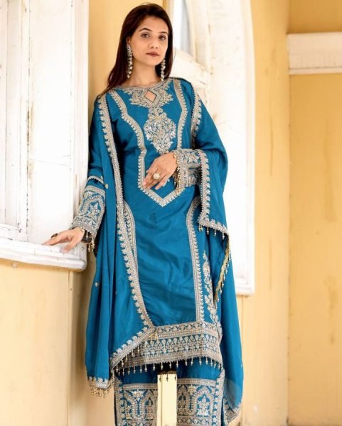 Heavy Chinon Silk kurti Eith Embroidered salwar And Dupatta Set 