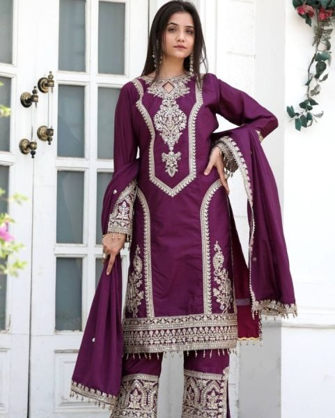 Luxury Wine Silk Suit For Girls Trendy And Stylish Suit  