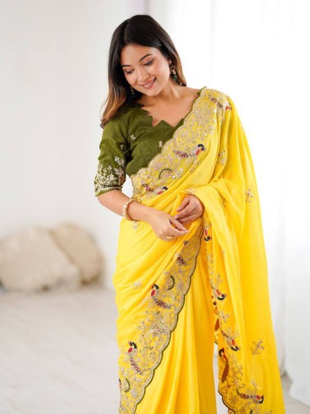 Heavy Chinon Silk Saree with Peacock Cording Embroidery work for Haldi Wear Sarees 