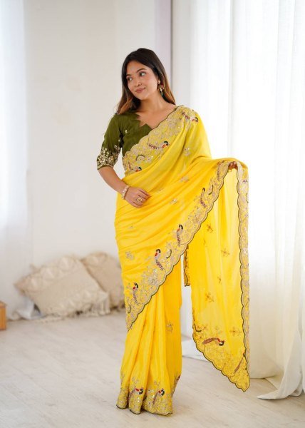 Heavy Chinon Silk Saree with Peacock Cording Embroidery work for Haldi Wear Embroidery Sarees Wholesale