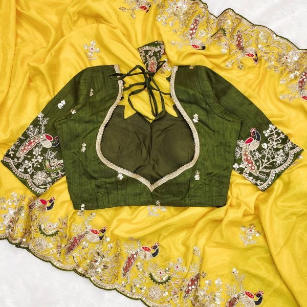 Heavy Chinon Silk Saree with Peacock Cording Embroidery work for Haldi Wear Embroidery Sarees Wholesale