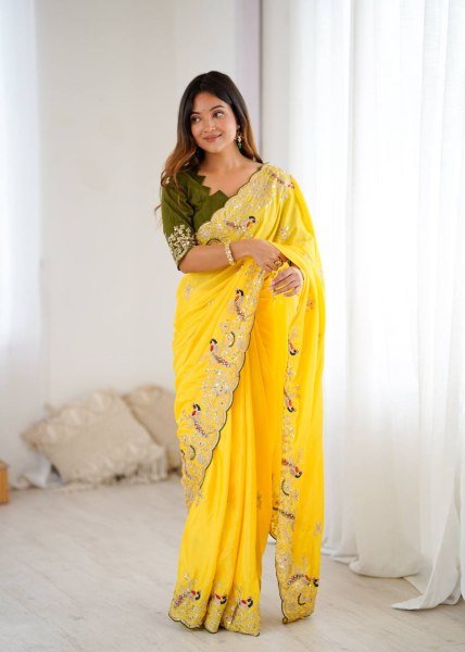 Heavy Chinon Silk Saree with Peacock Cording Embroidery work for Haldi Wear Embroidery Sarees Wholesale