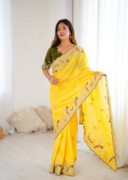 Heavy Chinon Silk Saree with Peacock Cording Embroidery work for Haldi Wear Embroidery Sarees Wholesale