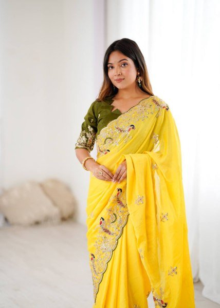 Heavy Chinon Silk Saree with Peacock Cording Embroidery work for Haldi Wear Embroidery Sarees Wholesale