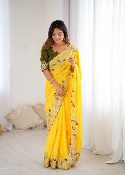 Heavy Chinon Silk Saree with Peacock Cording Embroidery work for Haldi Wear Embroidery Sarees Wholesale
