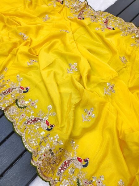 Heavy Chinon Silk Saree with Peacock Cording Embroidery work for Haldi Wear Embroidery Sarees Wholesale