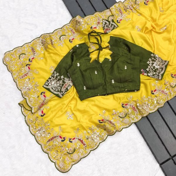 Heavy Chinon Silk Saree with Peacock Cording Embroidery work for Haldi Wear Embroidery Sarees Wholesale