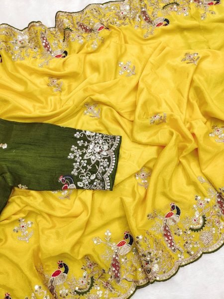 Heavy Chinon Silk Saree with Peacock Cording Embroidery work for Haldi Wear Embroidery Sarees Wholesale