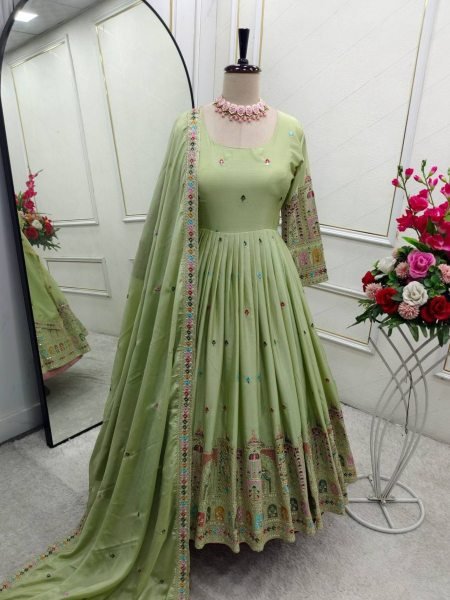 Pista Green Chinon Anarkali Gown Set with Heavy Dori   Sequin Work Ideal for Festive Functions 