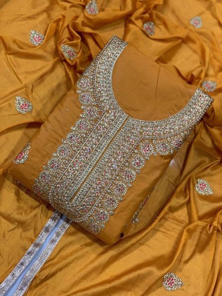 Heavy Cotton Dress Material With Embroidery Work And Diamond Work 