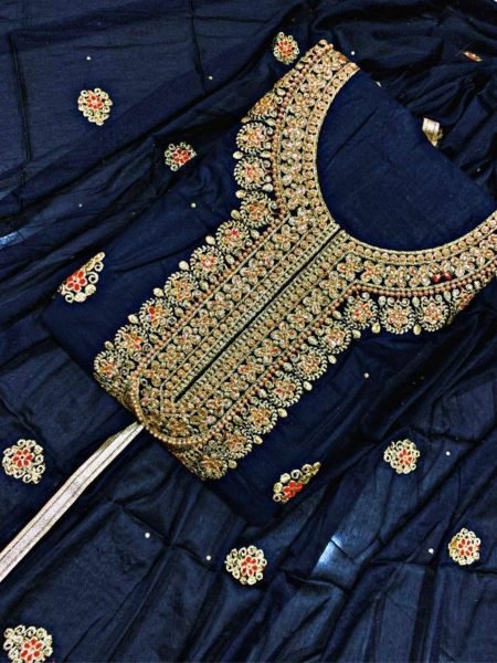 Heavy Cotton Dress Material With Embroidery Work And Diamond Work Cotton Dress Material