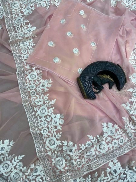Heavy Cotton Thread Sequence Embroidery Work Saree Georgette Sarees Wholesale