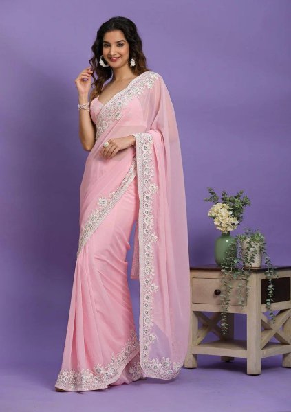 Heavy Cotton Thread Sequence Embroidery Work Saree Georgette Sarees Wholesale
