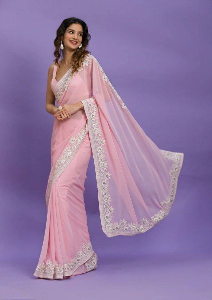 Heavy Cotton Thread Sequence Embroidery Work Saree Georgette Sarees Wholesale