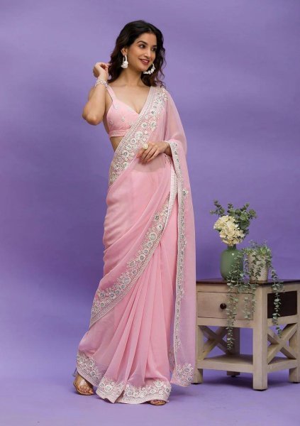 Heavy Cotton Thread Sequence Embroidery Work Saree Georgette Sarees Wholesale