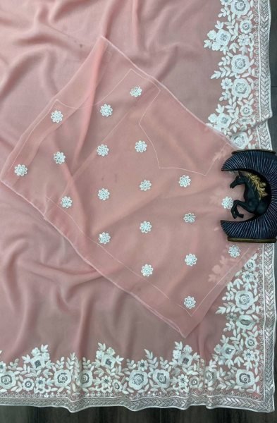 Heavy Cotton Thread Sequence Embroidery Work Saree Georgette Sarees Wholesale